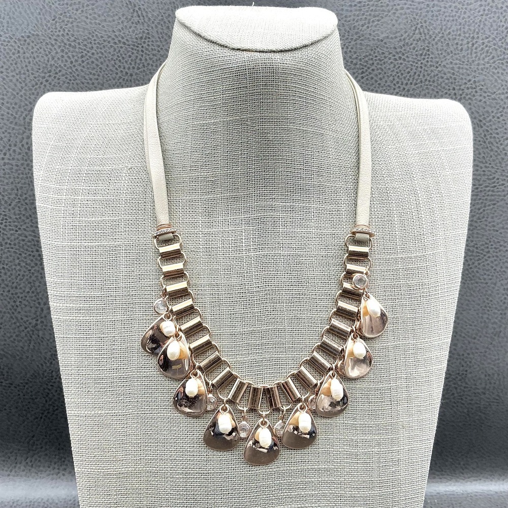 White House Black Market Necklace Statement Rose Gold Tone Faux Pearl Crystal
